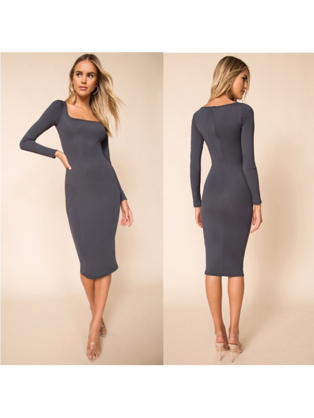 Superdown Shelia Long Sleeve Sexy Bodycon Gray Midi Dress Size Medium